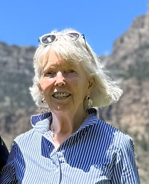 The image shows an older woman with short, light-colored hair and sunglasses perched on her head. She is wearing a blue and white striped shirt and earrings. The background is blurred, but it appears to be a sunny day with a mountain in the distance. She is smiling at the camera.